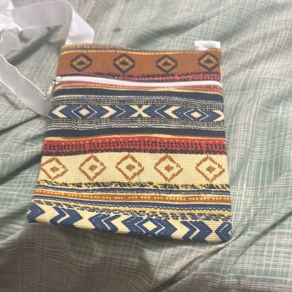 Brown and Blue Geometric Crossbody Bag with Tribal Patterns